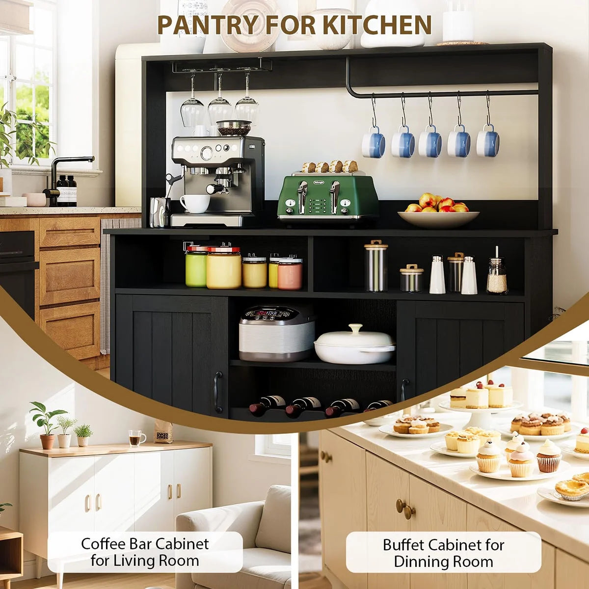 Ataucjin Farmhouse Coffee Bar Cabinet with Wine Rack,47''Coffee Bar Station with Power Outlet & Goblet Holder,Hutch Storage Cabinet with Glass Racks & 5 Hooks Sideboard Cabinets for Dining Living Room