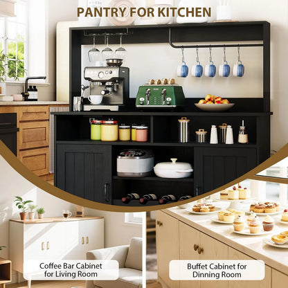 Ataucjin Farmhouse Coffee Bar Cabinet with Wine Rack,47''Coffee Bar Station with Power Outlet & Goblet Holder,Hutch Storage Cabinet with Glass Racks & 5 Hooks Sideboard Cabinets for Dining Living Room