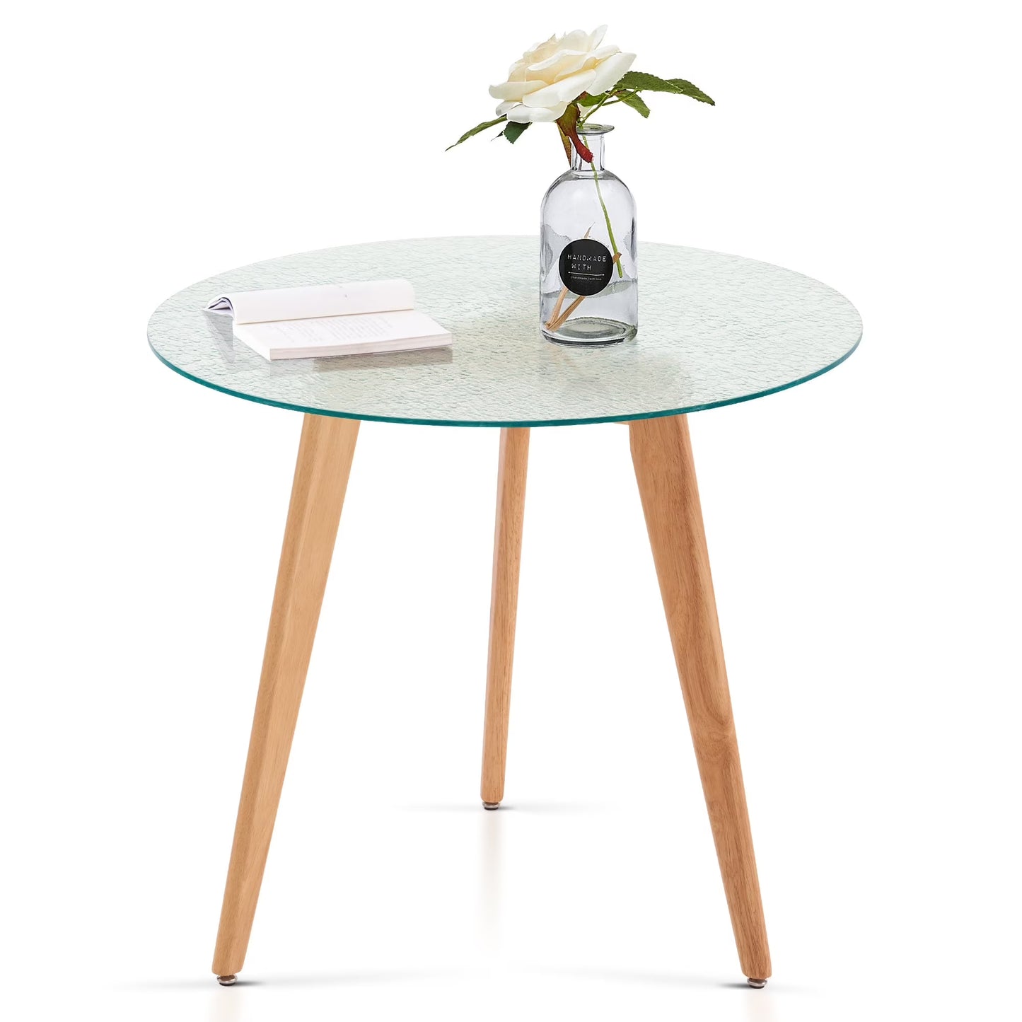 Ivinta Modern Round Glass Home Kitchen Small Dining Table Brown Oak Legs 31.5 inch