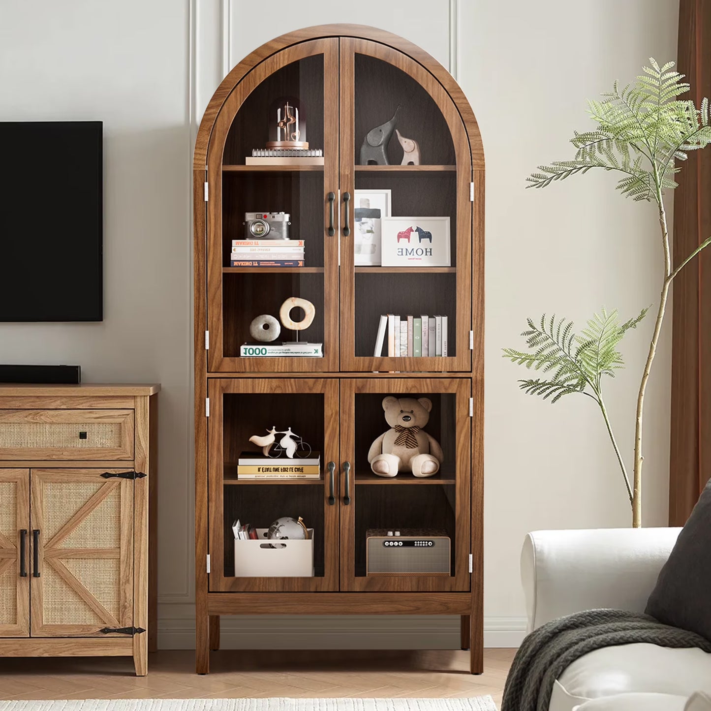 Fiogmub Tall Arched Storage Display Cabinet, Arched Pantry Cabinet with Doors, Acrylic Glass Doors
