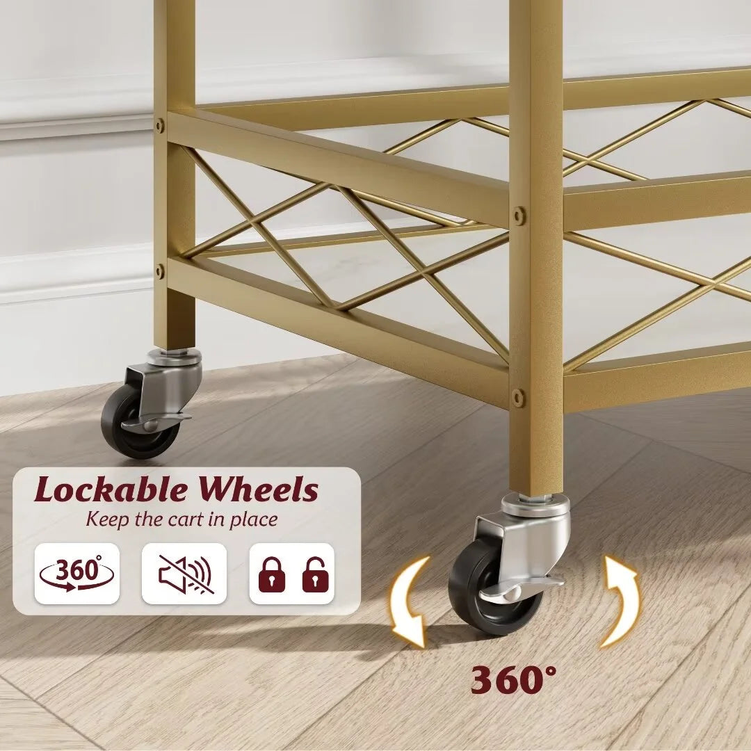 Gold Bar Cart for the Home, 2 Tier Bar Carts with Wheels & Wine Rack & Glass Holder for Living Room, Dining Room