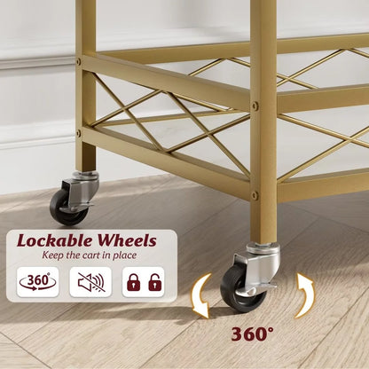 Gold Bar Cart for the Home, 2 Tier Bar Carts with Wheels & Wine Rack & Glass Holder for Living Room, Dining Room
