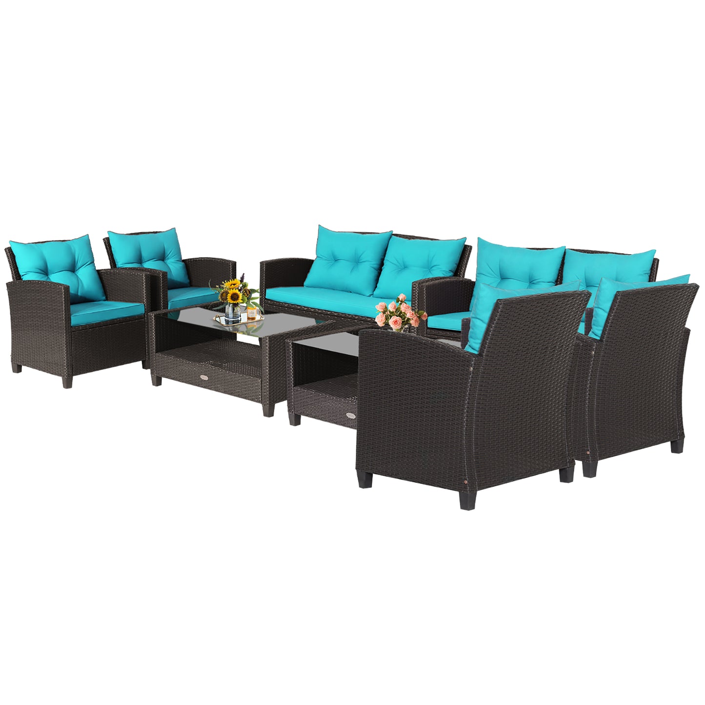 Costway 8 PCS Patio Rattan Furniture Set Glass Table Shelf Sofa Cushion Turquoise