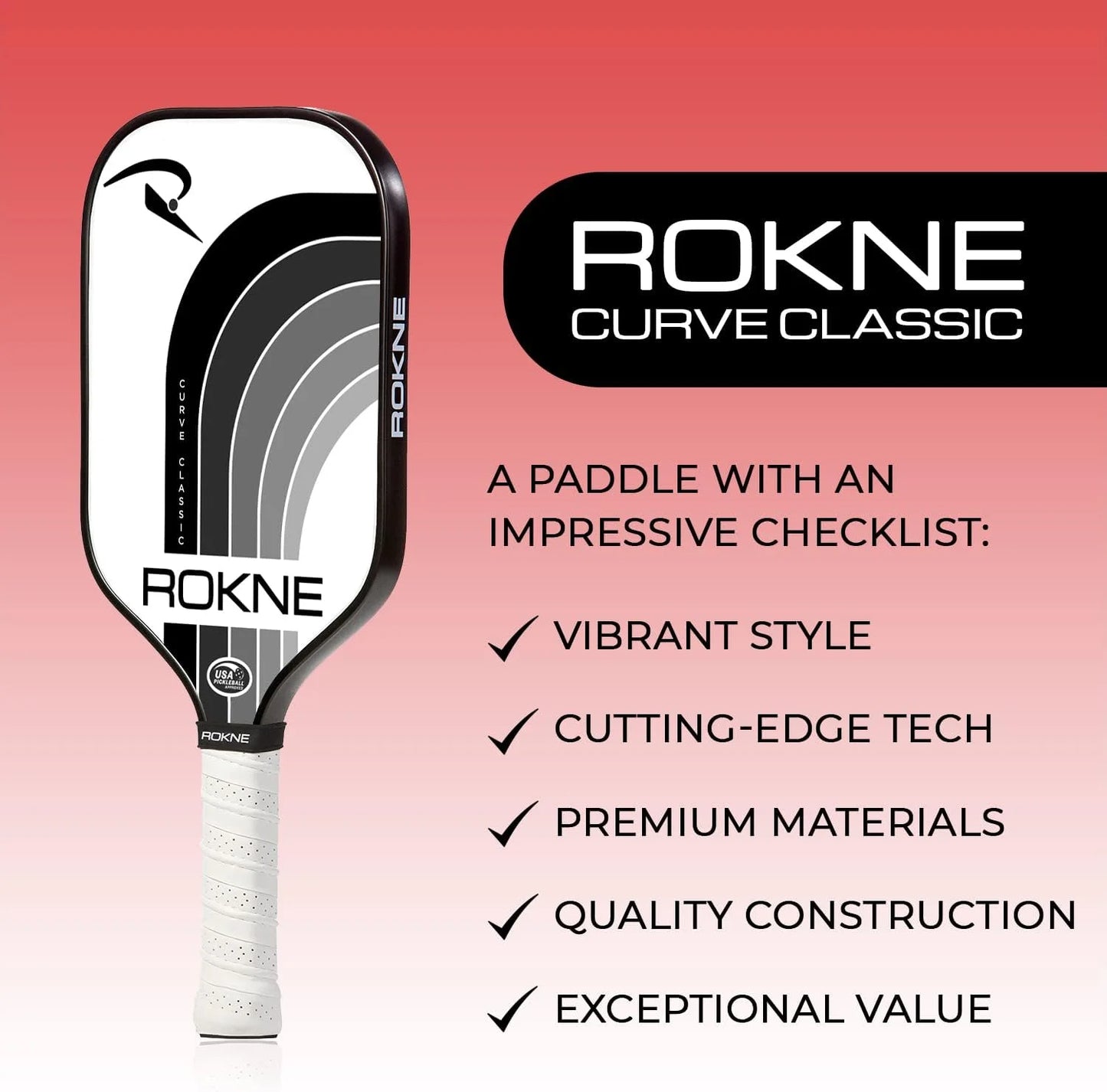 Rokne Curve Classic Fiberglass Pickleball Paddle Long Handle Racket with Pro Grit Texture and Cover, Storm