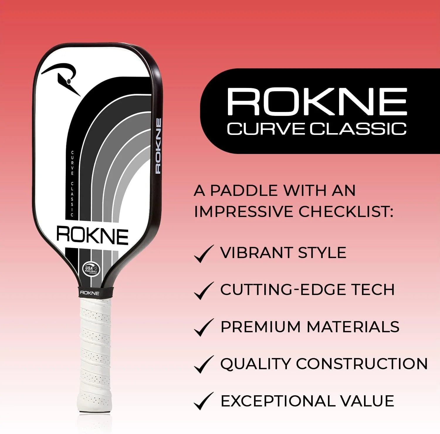 Rokne Curve Classic Fiberglass Pickleball Paddle Long Handle Racket with Pro Grit Texture and Cover, Storm
