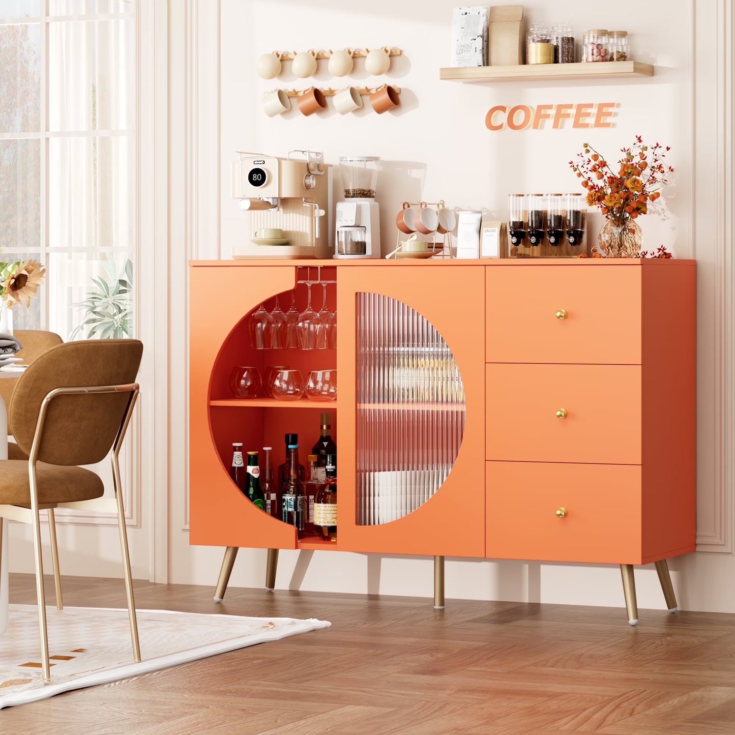 Homfa Coffee Bar Cabinet with 3 Drawers & Glass Door, Modern Buffet Sideboard Bar Table for Dining Room, Green