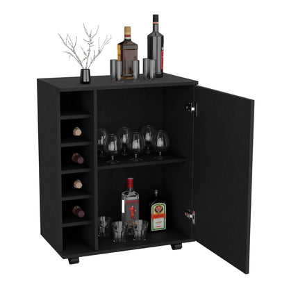 TUHOME Wick Bar Cart with Wine Rack, Glass Storage, Cabinet, and Rollers, Black