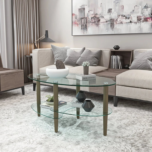 Holaki Transparent Glass Coffee Table, Oval Tea Table 3-Layer Glass Table, Modern Table in Living Room