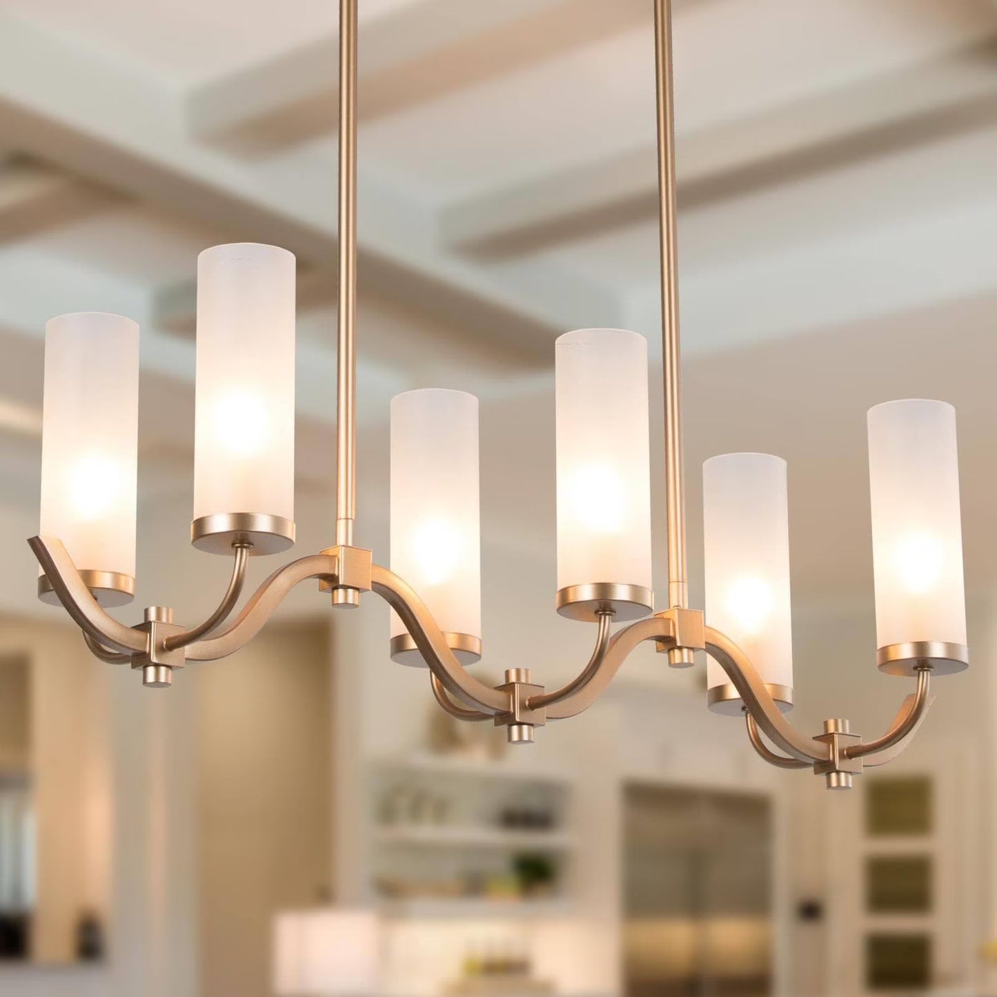LNC Kayna Mid-Century Modern 6-Light Chandelier Frosted Glass Lights for Kitchen Island Gold L 30" x W 9" x H 17"