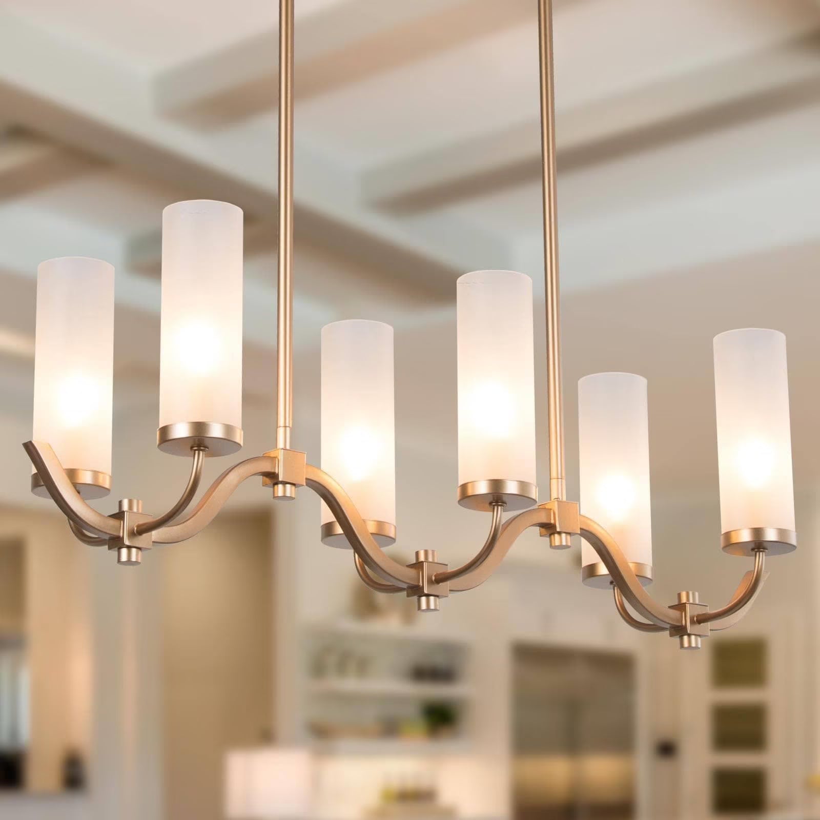 LNC Kayna Mid-Century Modern 6-Light Chandelier Frosted Glass Lights for Kitchen Island Gold L 30" x W 9" x H 17"