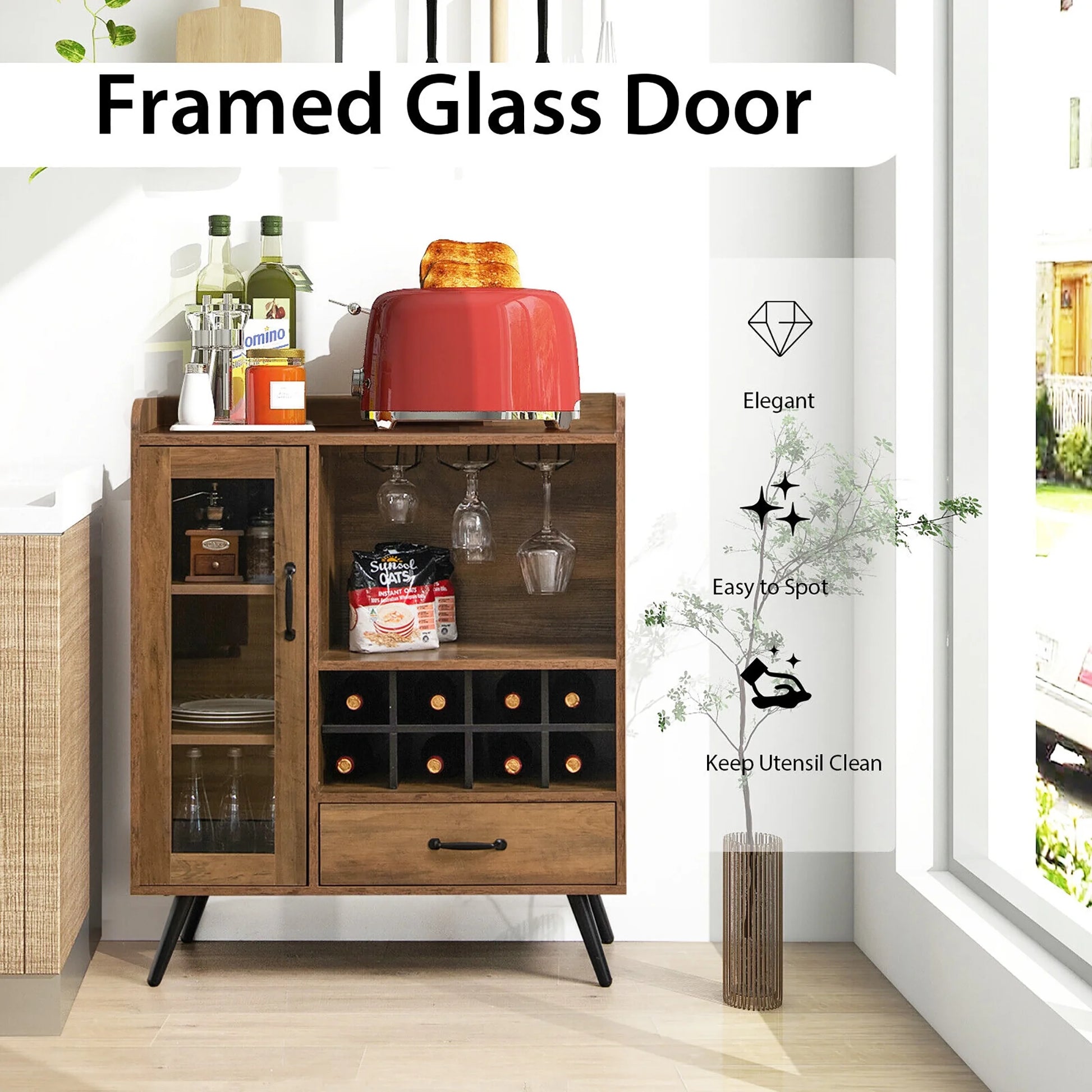 Gymax Liquor Bar Cabinet Storage Buffet Sideboard Credenza w/Wine Rack & Glass Holder