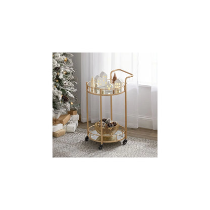 mDesign Metal Vintage Round Beverage Rolling Cart for Home - 2-Tier Serving Bar Trolley with Easy-Glide, Rotating Wheels, Built-in Handle, and Glass Shelves for Wine and Craft Beer - Black Round