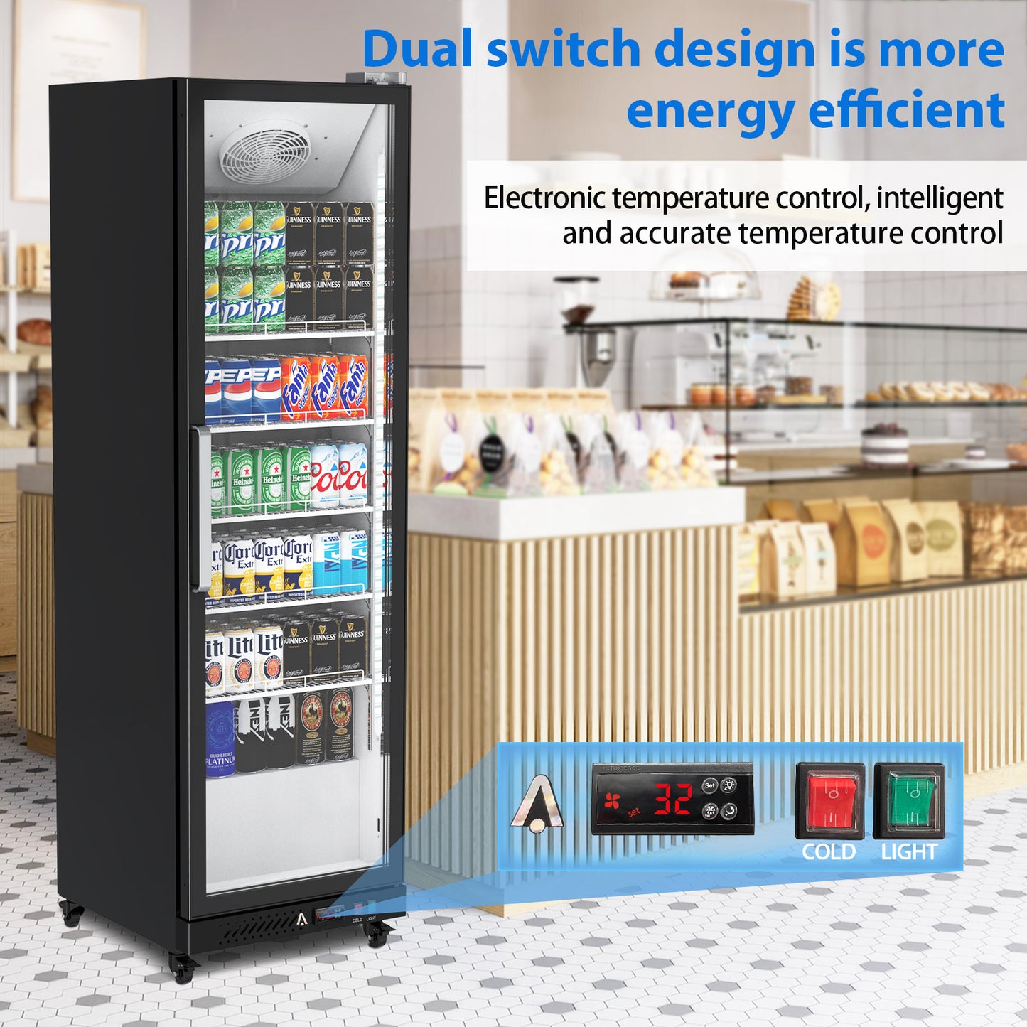 Garvee Commercial Refrigerator,12.4 Cu.ft Display Fridge Merchandiser Upright Beverage Cooler,Single Glass Door Fridge with Adjustable Shelves & LED Lighting,Black