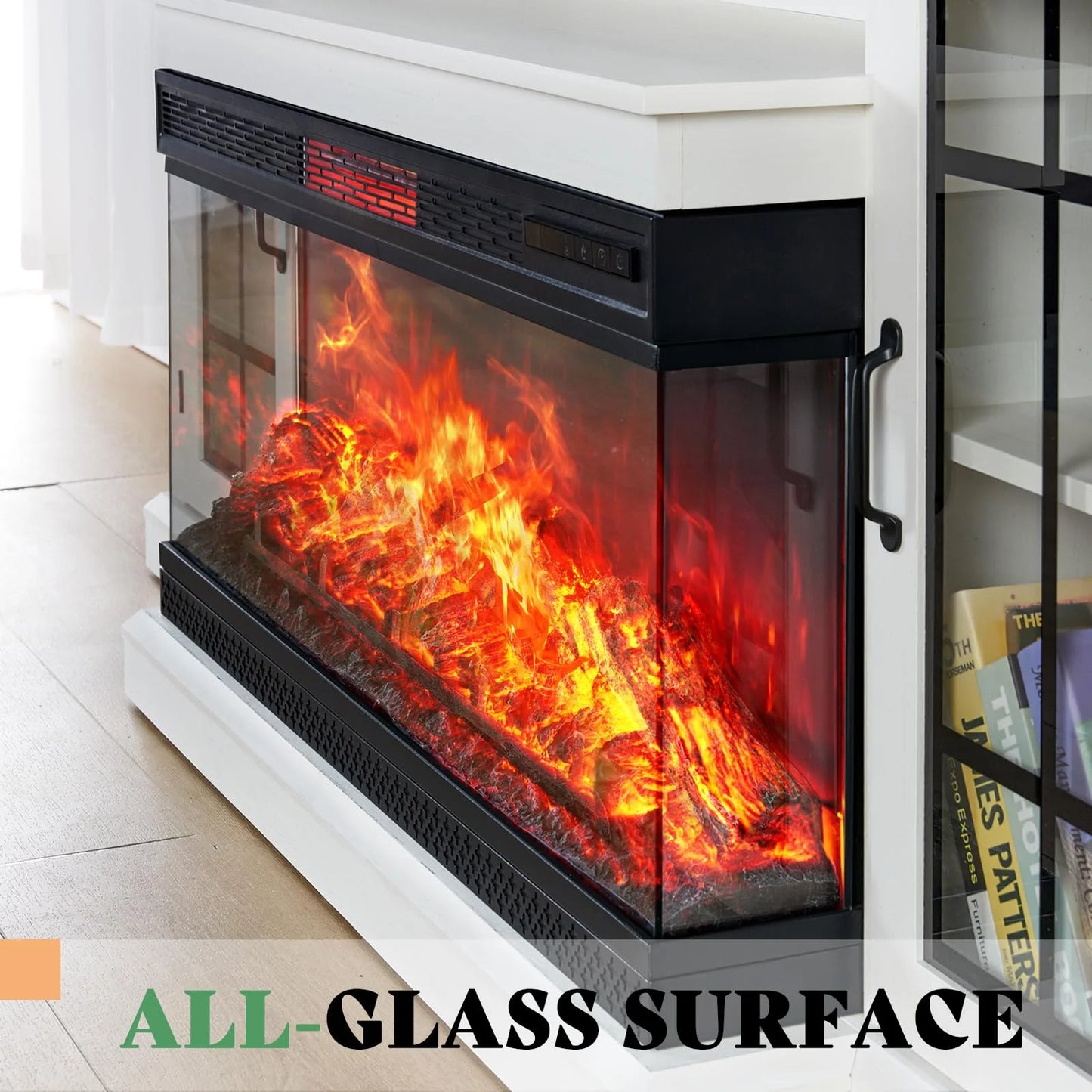 Merluxy 75in 3-Sided Glass Fireplace TV Stand for TVs up to 85", Distressed White