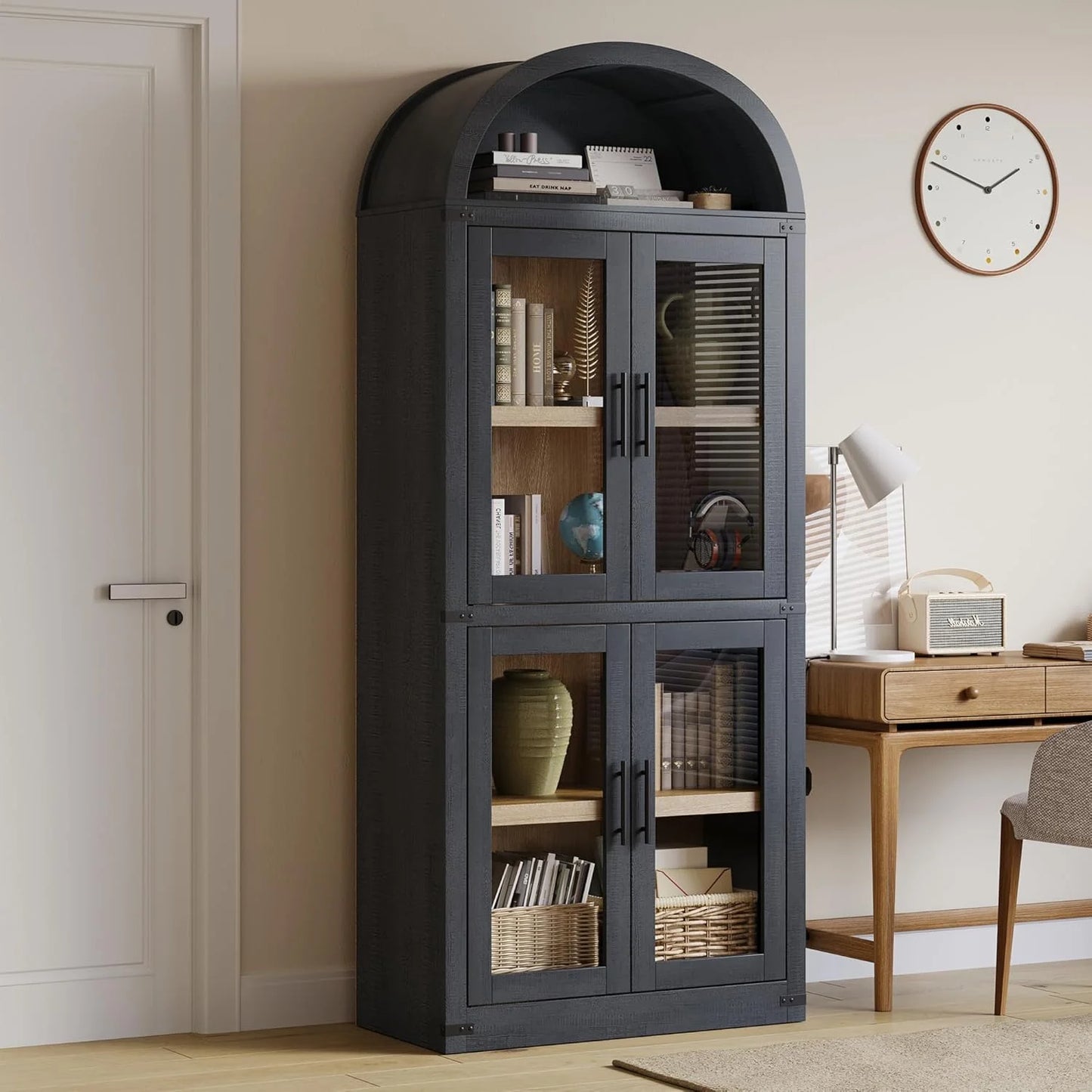 NEILA Arched Bookshelf with Doors - Glass Doors - 15.83 inches deep by 71.4 inches tall rustic ambiance premium wood display cabinet for living room, kitchen and office,Glass Door_Black
