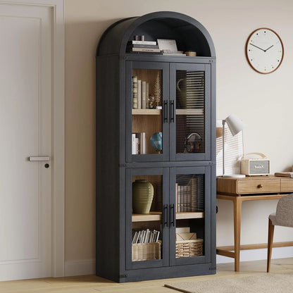NEILA Arched Bookshelf with Doors - Glass Doors - 15.83 inches deep by 71.4 inches tall rustic ambiance premium wood display cabinet for living room, kitchen and office,Glass Door_Black