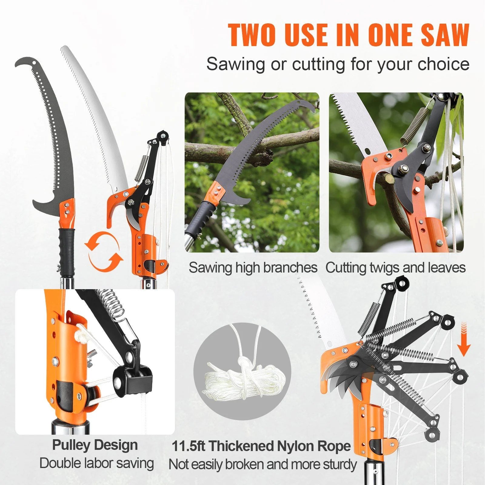 Telescopic pole saw trimmer 7.3-27 FT, manual tree trimmer with sharp steel knife and lightweight fiberglass handle for cutting tall branches, palms and shrubs