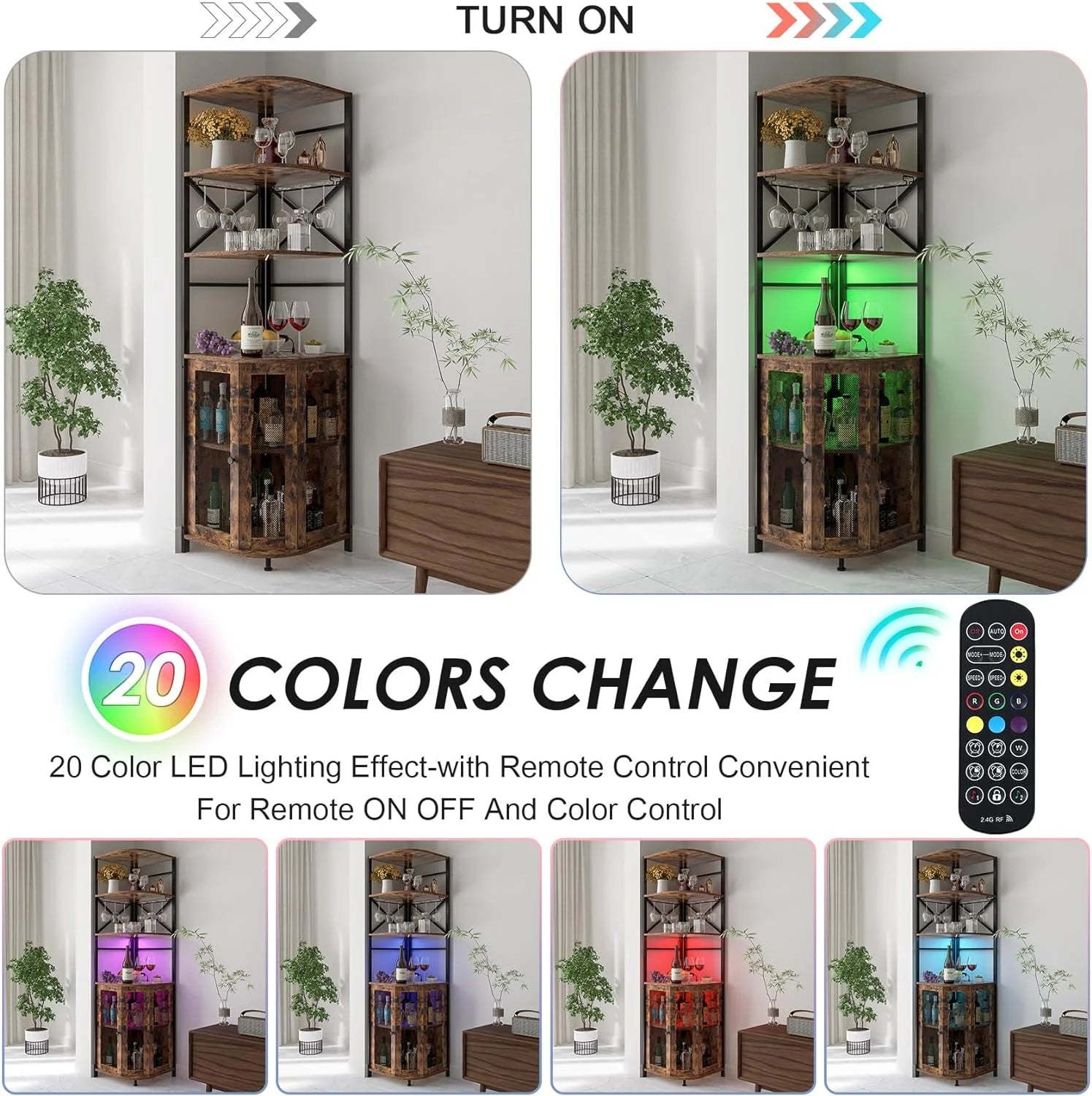 Frmobepts Corner Bar Cabinet with Power Outlet, 6-Tiers Industrial Wine Cabinet with LED Strip and Glass Holder for Living Room, Kitchen, Grey