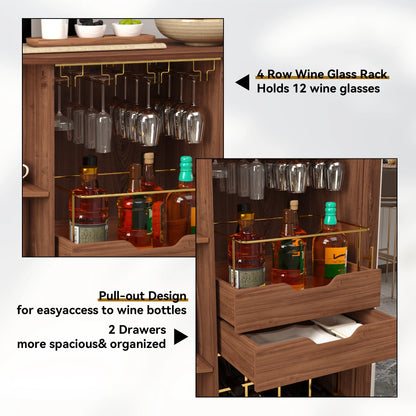 HLR Coffee Bar Cabinet with Tambour Door: Wine Rack, Glass Holder, & Storage Buffet for Home & Living Room Brown