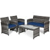 Costway 4PCS Patio Rattan Conversation Glass Table Top Cushioned Sofa Red