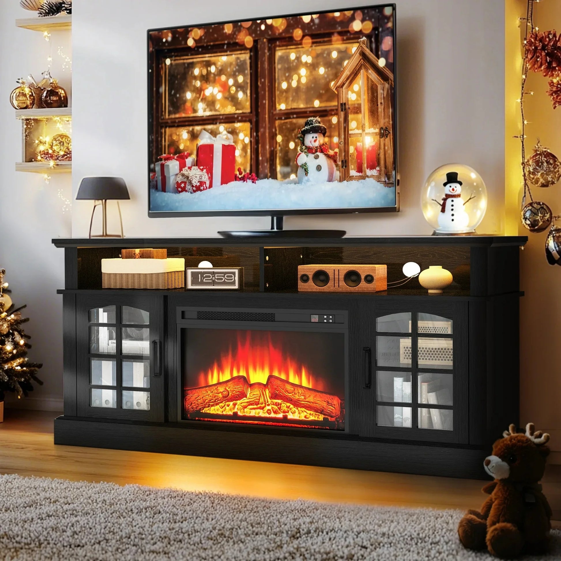 SYNGAR Fireplace Electric TV Stand for 65" TV with LED Light, Modern Entertainment Center With Remote Control Virtual Flame Fireplace, 2 Cabinet Storage, Glass Door, Storage Shelves, Brown