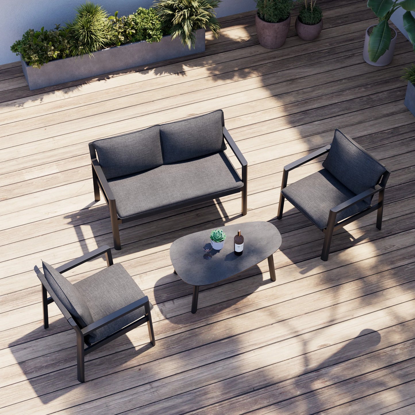 Letsout 4-Piece Aluminum Outdoor Conversation Sets with Detachable Cushions and Tempered Glass Table, Dark Grey/Gray