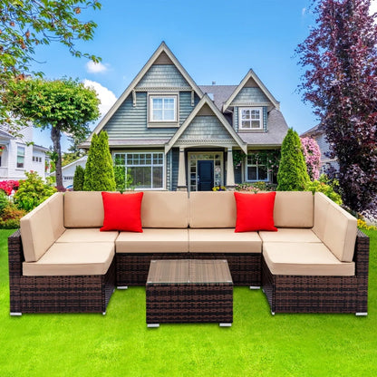 Patio Furniture Sets, 7-Piece Wicker Patio Conversation Furniture Set w/6 Seats, 1PC Tempered Glass Table, 6 Weather-Resistant Cushions, 2 Red Pillows for Backyard Porch Lawn Pool, Q2353