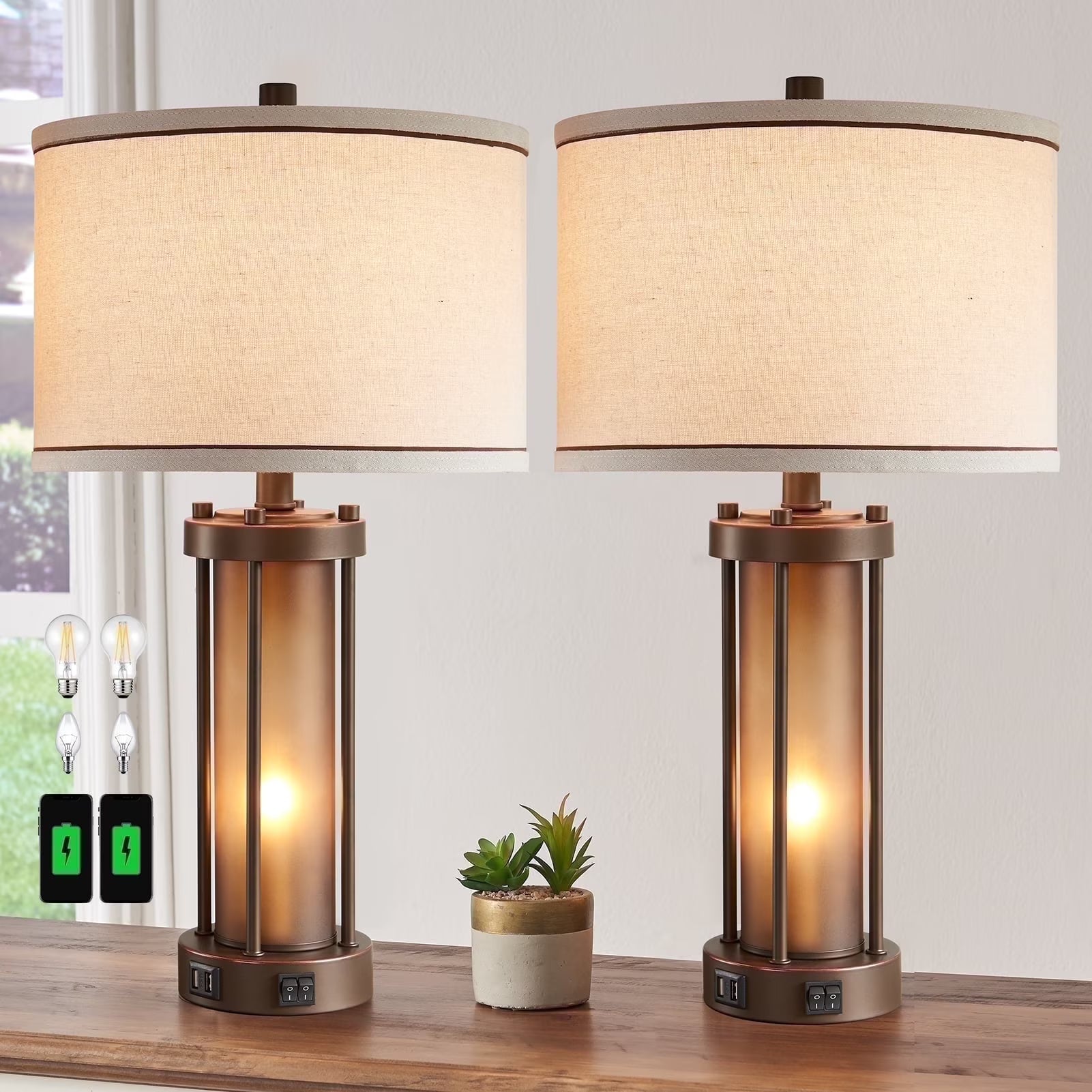 RORIA 24° F Modern Living Room Table Lamp 2-Piece Set with 2 USB Charging Ports, Built-in White Frosted Glass with Night Light, Black Vintage Rustic Farmhouse Lamp for Bedroom Nightstand Lamps