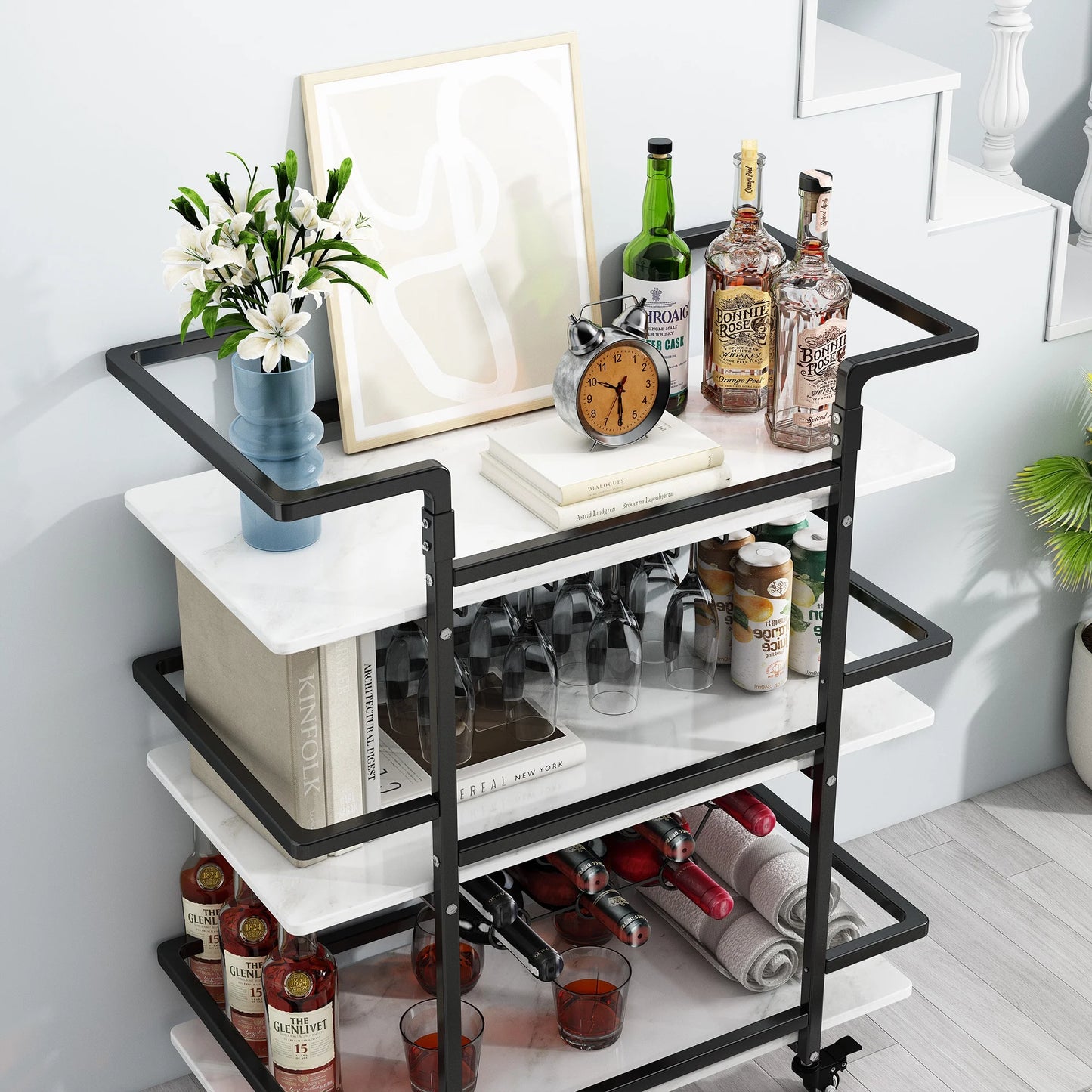 BENOSS 3-Tier Home Bar Cart with Wine Rack and Glass Cup Storage, Mobile Serving Wine Cart on Wheels, Modern Drink Trolley for Coffee Tea Wine, Beverage Bar Table for Home Kitchen Party, Black