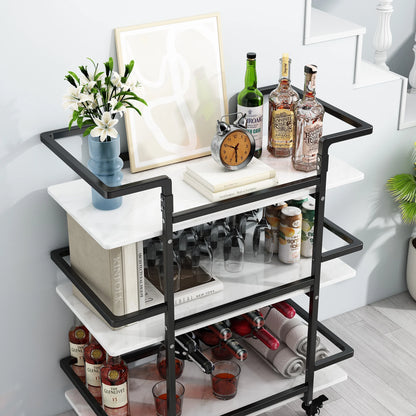 BENOSS 3-Tier Home Bar Cart with Wine Rack and Glass Cup Storage, Mobile Serving Wine Cart on Wheels, Modern Drink Trolley for Coffee Tea Wine, Beverage Bar Table for Home Kitchen Party, Black