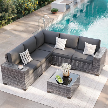 ELPOSUN Outdoor Sectional Furniture Set 6-Piece Brown Rattan Wicker Conversation Sofa Set with Glass Top Table and Waterproof Covers,Blue Cushions