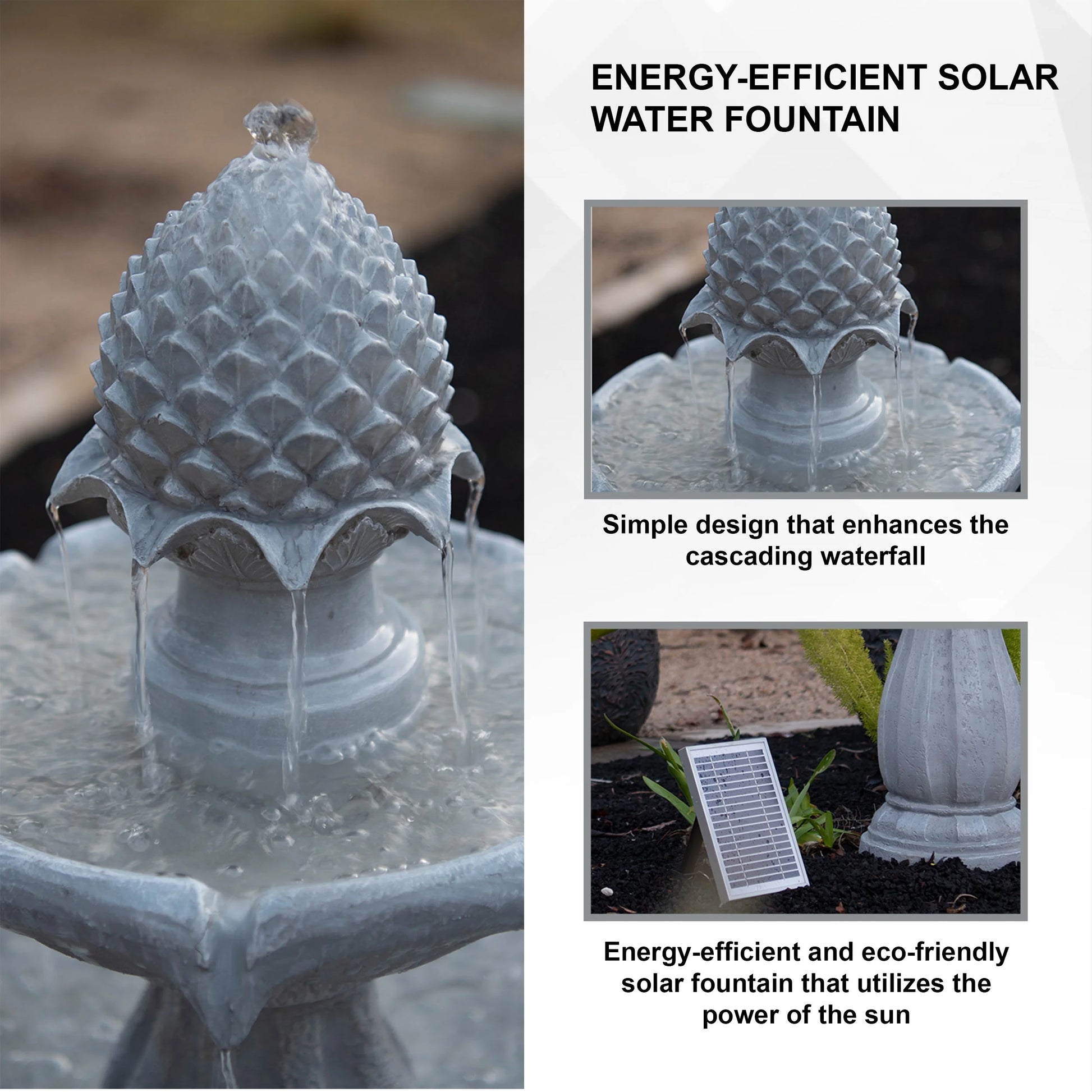 XBrand 44" H White Fiberglass/Resin 2-Tier Solar Water Fountain w/Solar Panel and Auto-Shut Off Pump, Solar Garden Fountain, Tall Outdoor Fountain, Two Tiered Birdbath Fountain