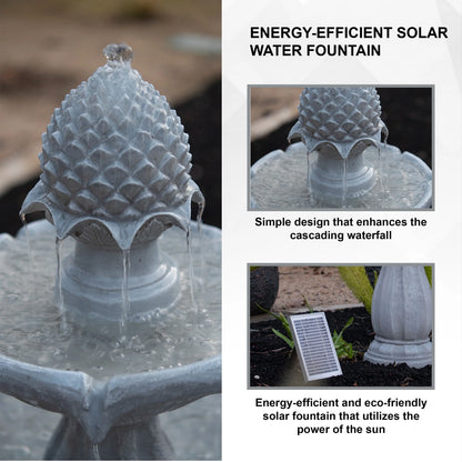 XBrand 44" H White Fiberglass/Resin 2-Tier Solar Water Fountain w/Solar Panel and Auto-Shut Off Pump, Solar Garden Fountain, Tall Outdoor Fountain, Two Tiered Birdbath Fountain