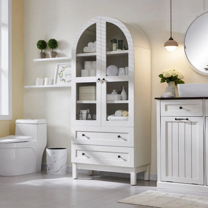 IFGET 71-Inch Arched 4-Tier Bookcase with Glass Doors and Drawers