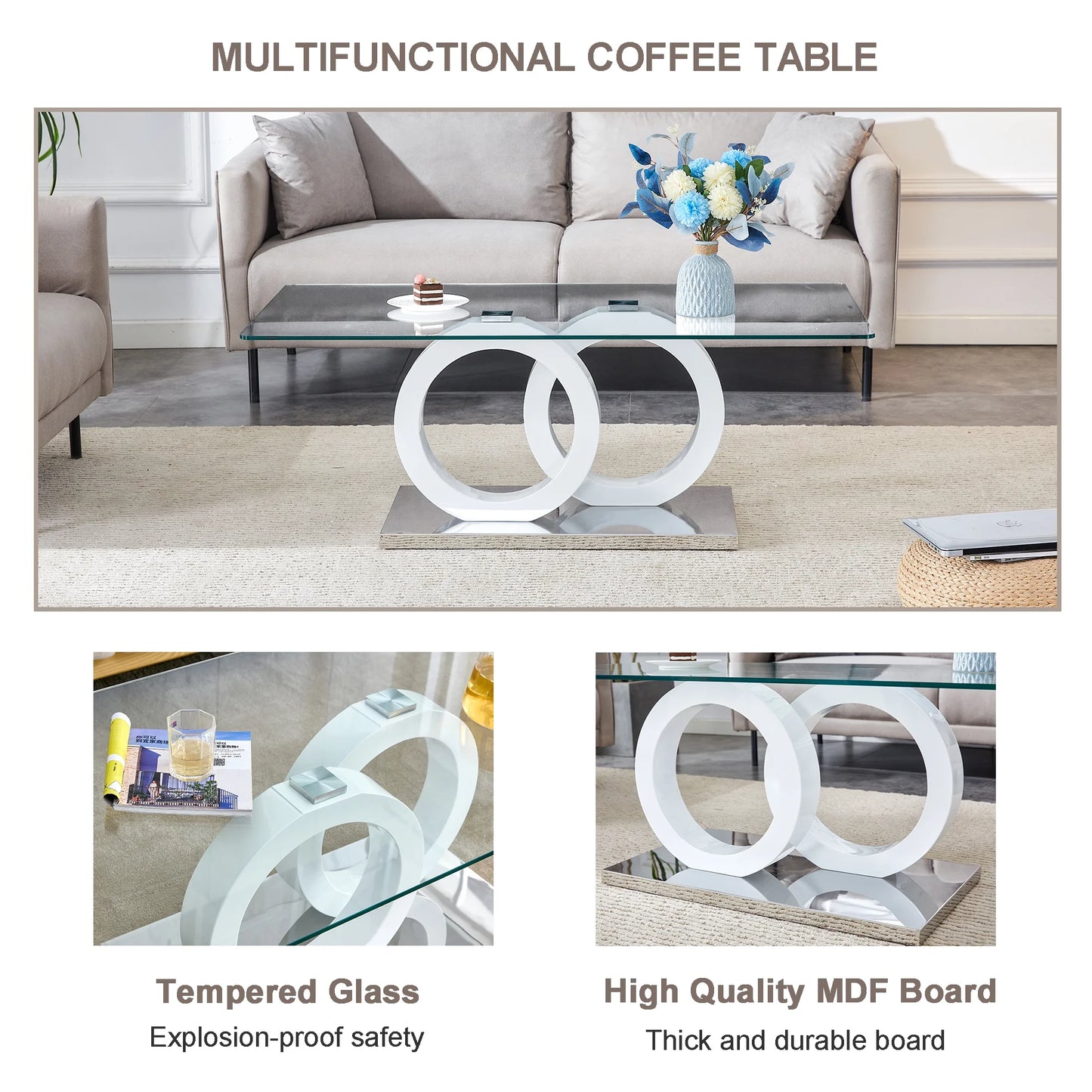 Sudica Rectangle Glass Coffee Table, Modern 47"x25" Tempered Glass Top Tea Table for Living Room, White Base