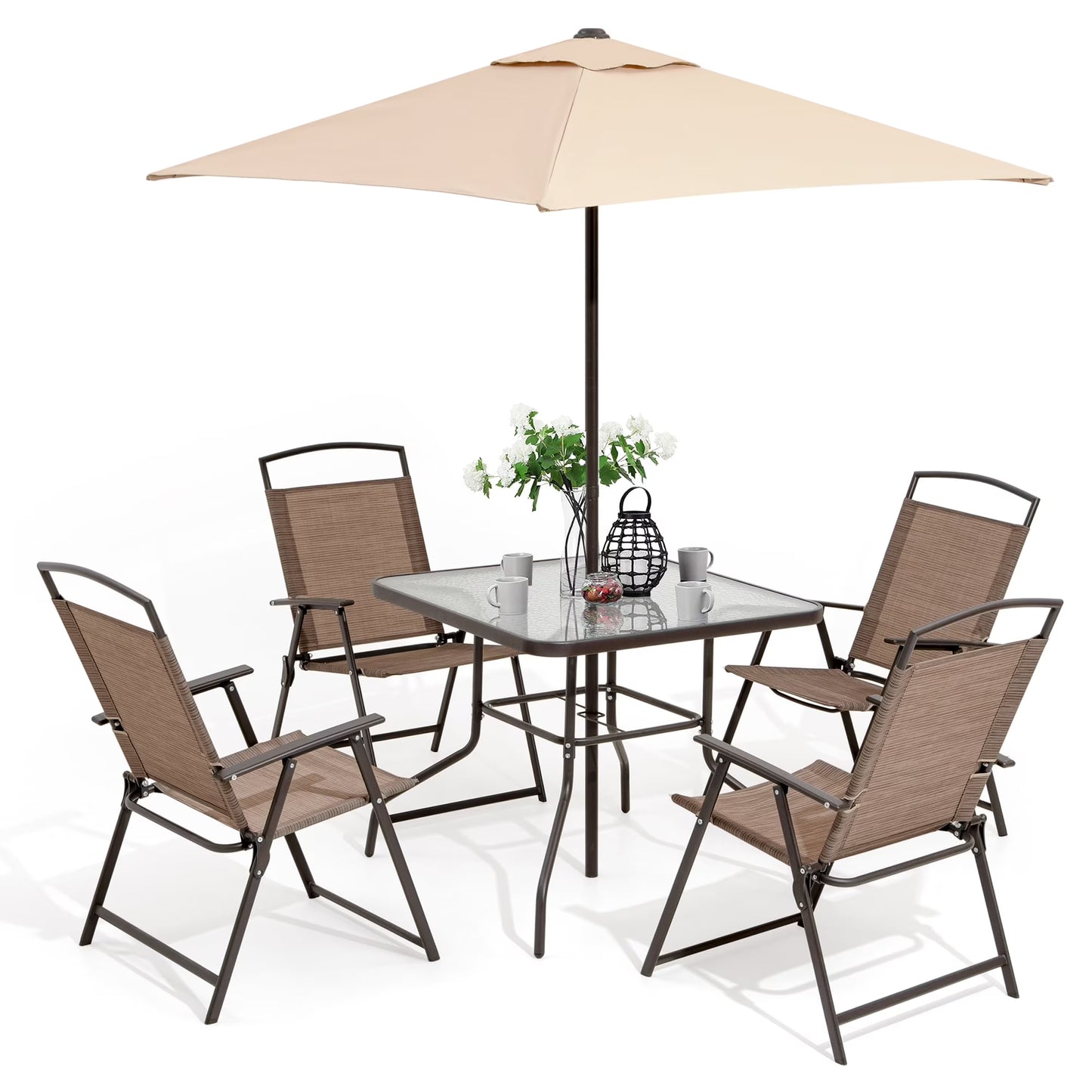Pellebant 6 Pcs Metal & Glass Patio Dinning Set and Umbrella in Beige
