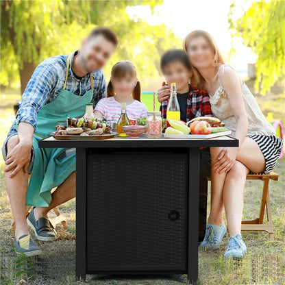 Topeakmart 30'' Outdoor Square Propane Fire Pit Table 50,000 BTU Gas w/Ceramic Rattan Pattern Steel Base Glass Black