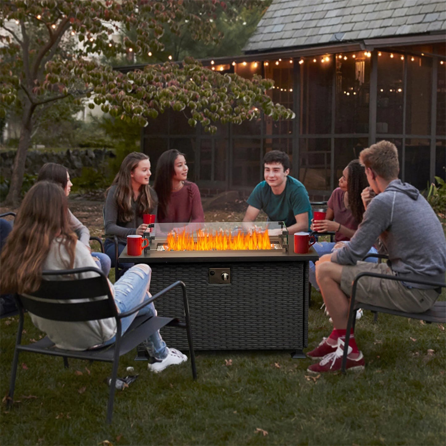 Outdoor Gas Fire Pit, SYNGAR 43 inch 50,000 BTU Auto-Ignition Propane Fire Pit Table with Glass Wind Guard, Volcanic Stones and Lid, 2-in-1 Fire Pit Table for Patio, Garden, Backyard, Deck, Poolside
