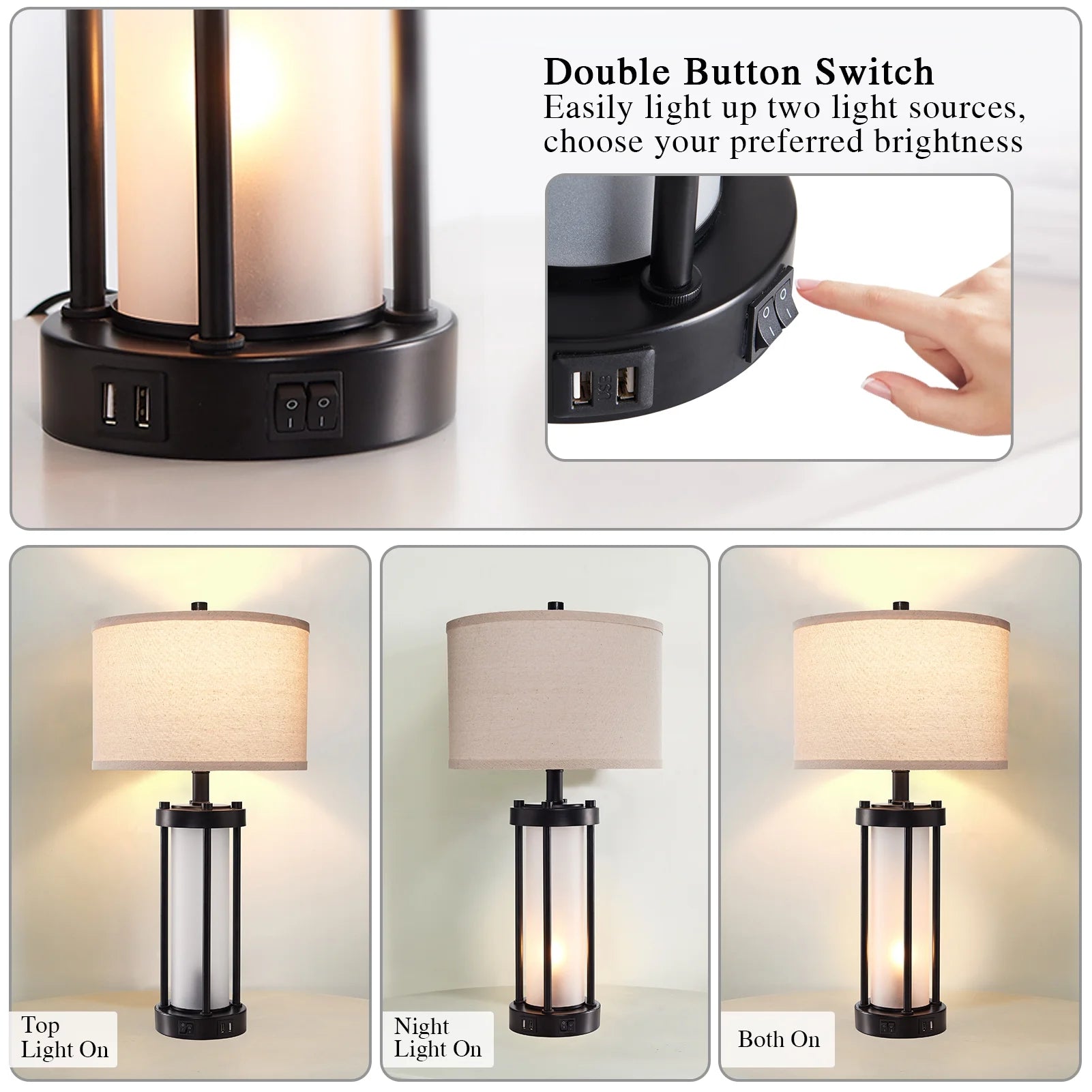 RORIA 24° F Modern Living Room Table Lamp 2-Piece Set with 2 USB Charging Ports, Built-in White Frosted Glass with Night Light, Black Vintage Rustic Farmhouse Lamp for Bedroom Nightstand Lamps