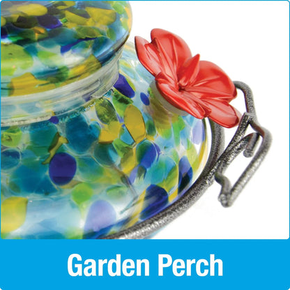 Wild Wings Artisan Glass Solar-Powered Illuminated Top Fill Hummingbird Feeder 16 oz, Blue Spring Rain