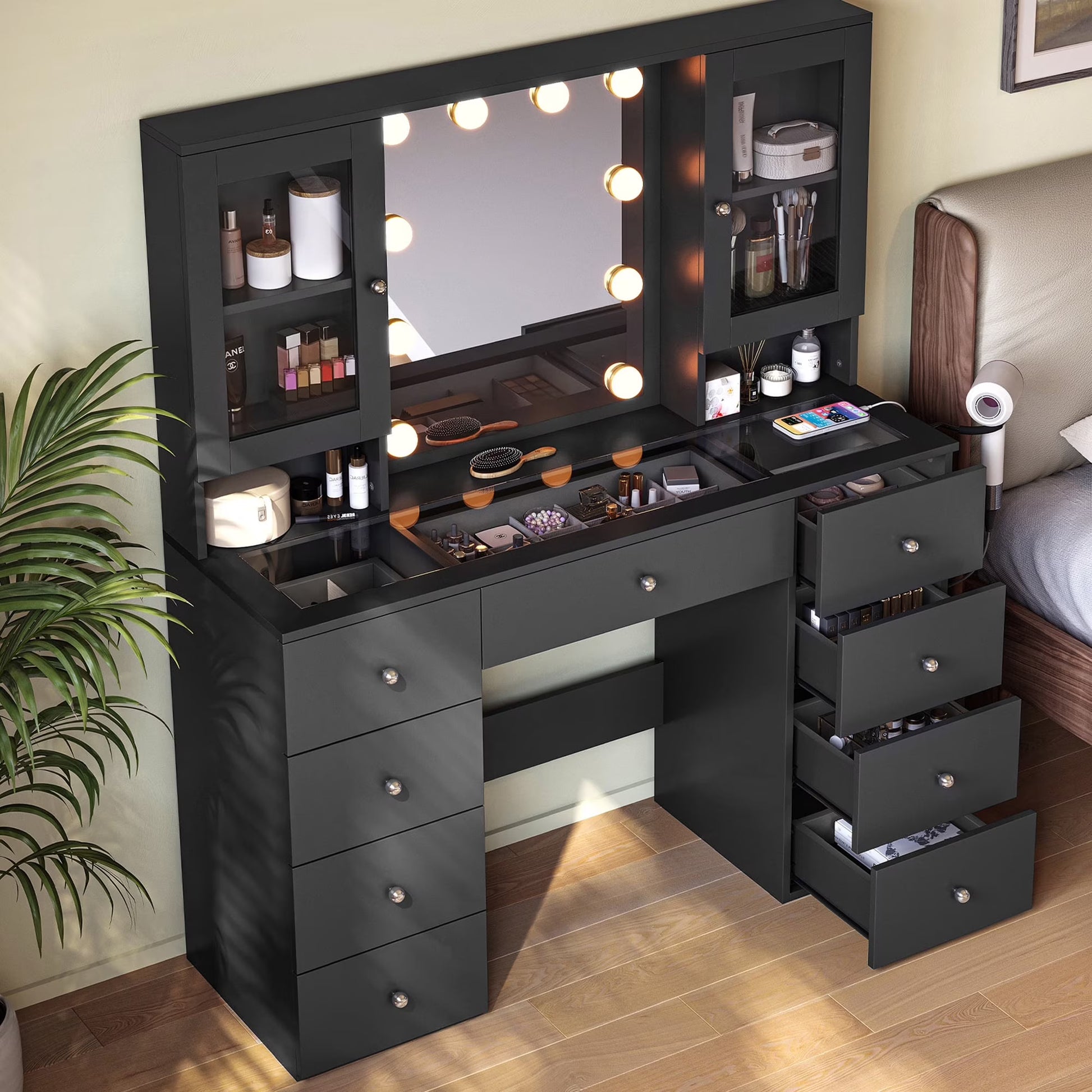 Linsy Home Large 47.2" Makeup Vanity With Mirror And 11 Lights, Glass Top Vanity Desk with 9 Drawers & 2 Adjustable Cabinets, Dressing Table with Charging Station & Hair Dryer Rack For Bedroom, White