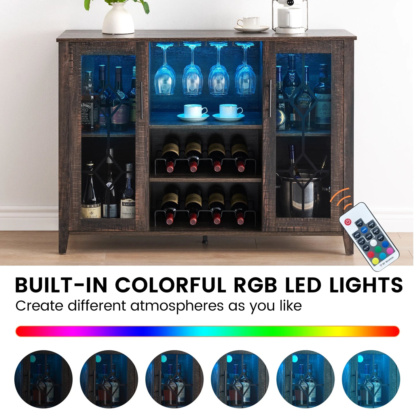 Huloretions Wine Bar Cabinet with LED Light,Modern Liquor Cabinet,Kitchen Buffet Sideboard with Storage Cabinet& Drawers,Coffee Cabinet with Wine and Glass Rack for Home