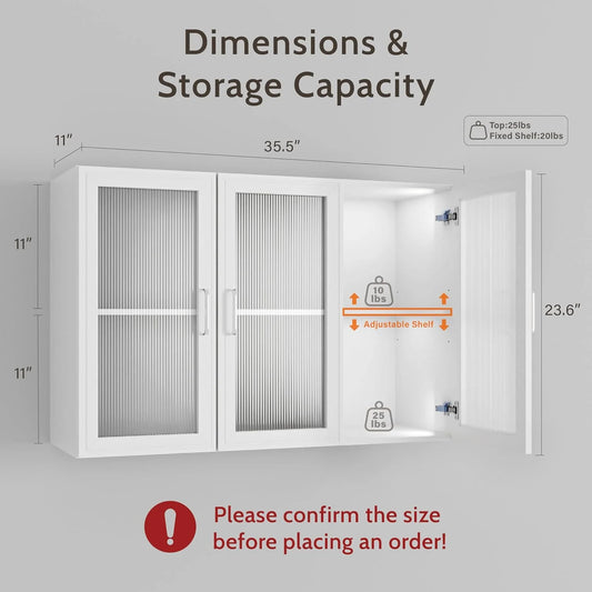 Wall Storage Cabinets - Led Upper Kitchen Laundry Wall Mounted Cabinets with Acrylic Glass 3 Doors and Shelves, 36'Wide