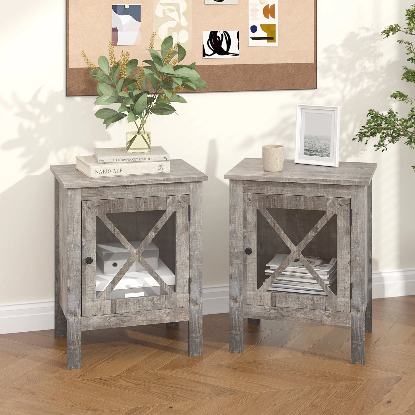 Jaxpety Set of 2 Nightstands Bedside Table W/x-Design Glass Door for Bedroom Living Room, Dark Gray