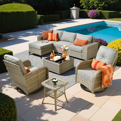 Ovios 8 Pieces Wicker Patio Furniture Sets Outdoor Conversation Sectional Sofa with Swivel Chairs & Glass Coffee Table