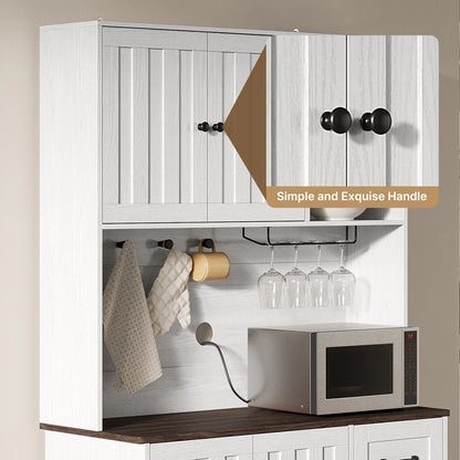 Coffee Bar, 71" Tall Kitchen Pantry Cabinet with Microwave Shelf, 5 Doors, 1 Drawers, 8 shelves, Wine glass rack, 4 Hooks, Cable Management