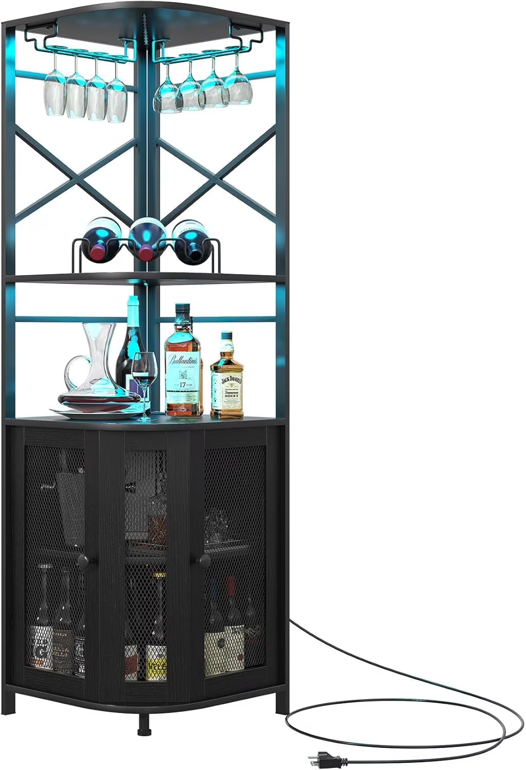 Frmobepts Corner Bar Cabinet with Power Outlet, Industrial Wine Cabinet with LED Strip and Glass Holder, 5-Tiers Liquor Cabinet Bar Unit for Home, Black
