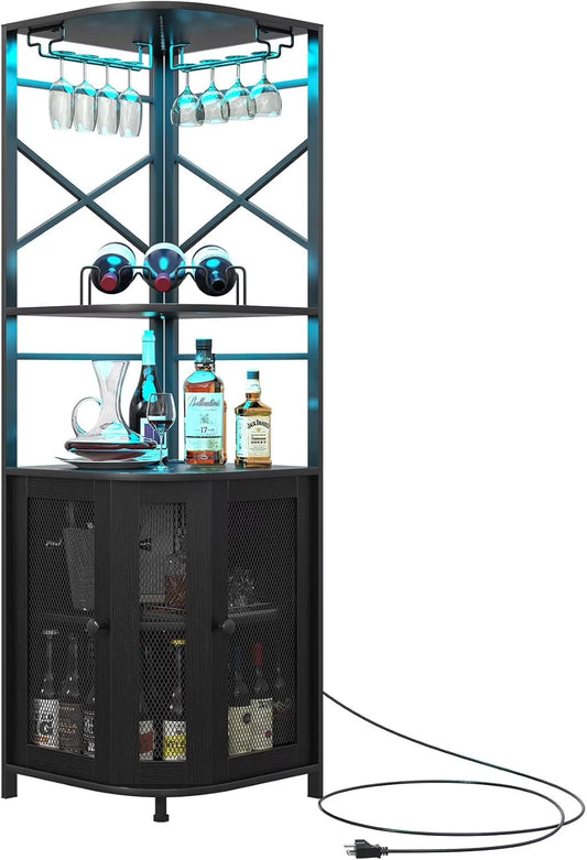 Frmobepts Corner Bar Cabinet with Power Outlet, Industrial Wine Cabinet with LED Strip and Glass Holder, 5-Tiers Liquor Cabinet Bar Unit for Home, Black