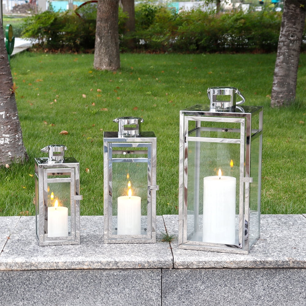 Stainless Steel Lantern Set of 3 12/15/19" Metal Lanterns with Tempered Glass for Parties & Events (Silver )