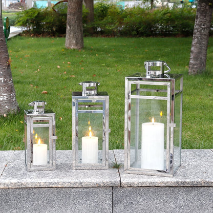Stainless Steel Lantern Set of 3 12/15/19" Metal Lanterns with Tempered Glass for Parties & Events (Silver )